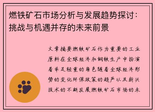 燃铁矿石市场分析与发展趋势探讨：挑战与机遇并存的未来前景